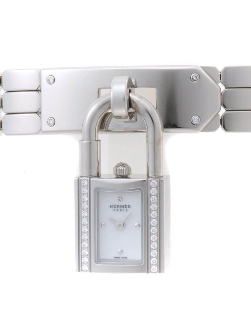 Hermes Kelly Watch Diamond Bezel Stainless Sparkling White Lacquer Quartz